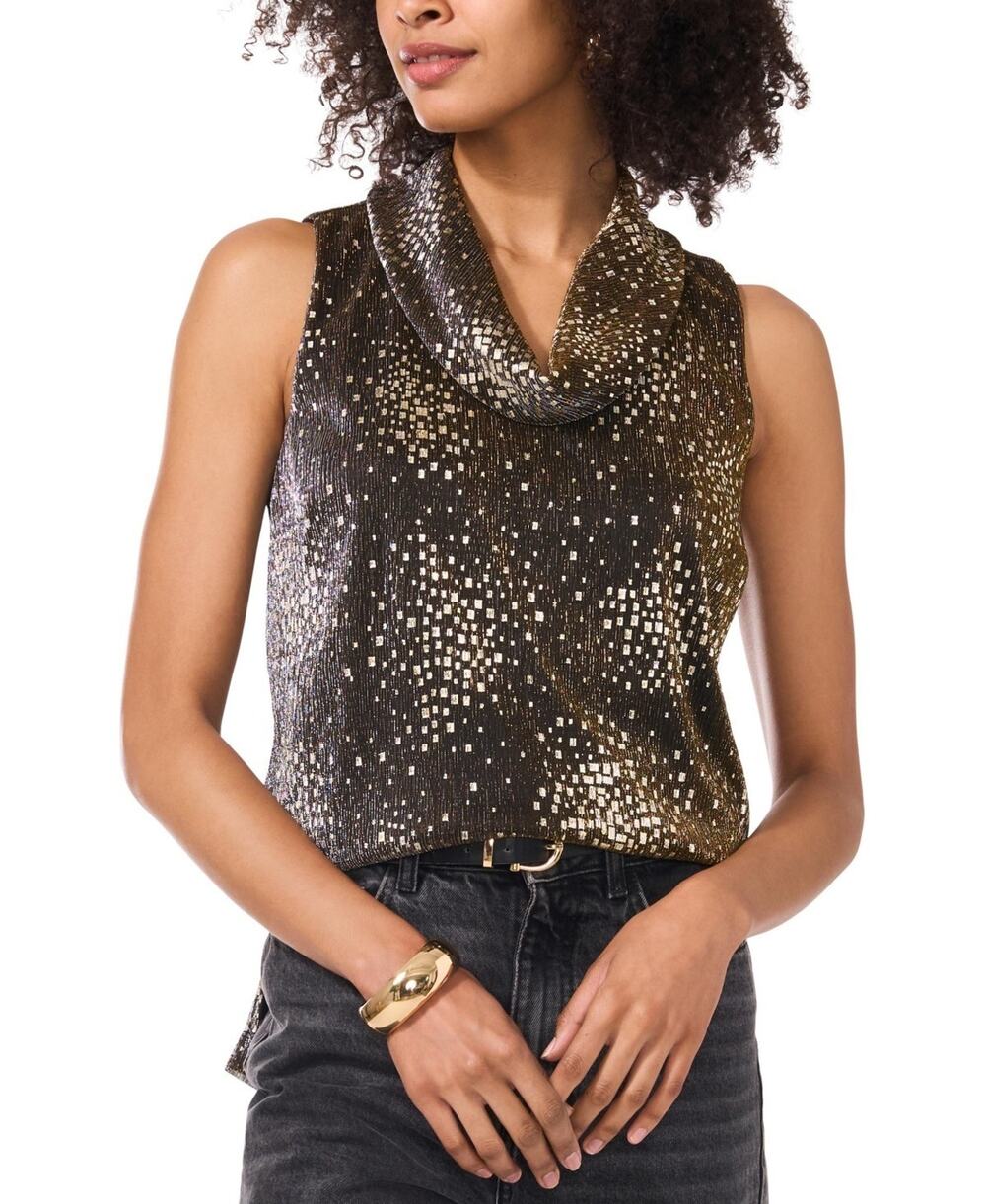 Vince Camuto Women's Metallic-Print Cowl-Neck Sleeveless Top Black Size S 2353